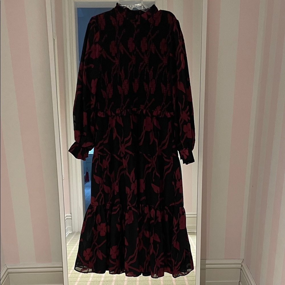 Current/Elliott Black Maxi Dress with Wine Floral Print - Long Sleeve